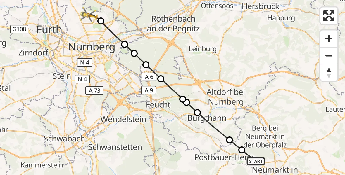 Flugroute Ambulanzhubschrauber Neumarkt i.d.OPf. - Flughafen Nuremberg, 12 Mai 2026, 14:04