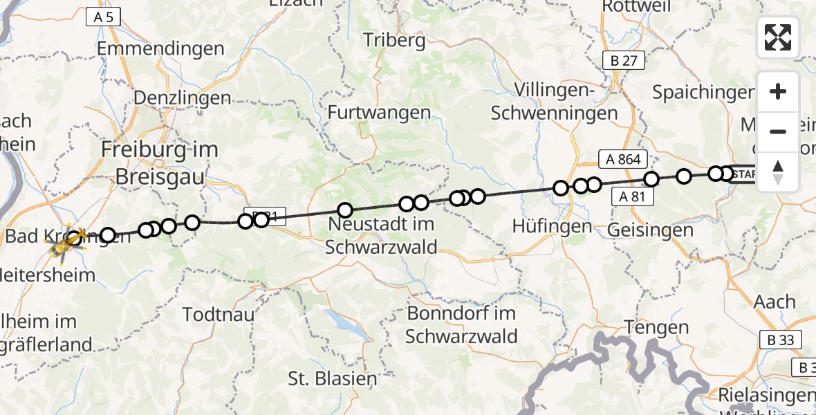 Flugroute Rettungshubschrauber Tuttlingen - Bad Krozingen, 12 Mai 2026, 14:08
