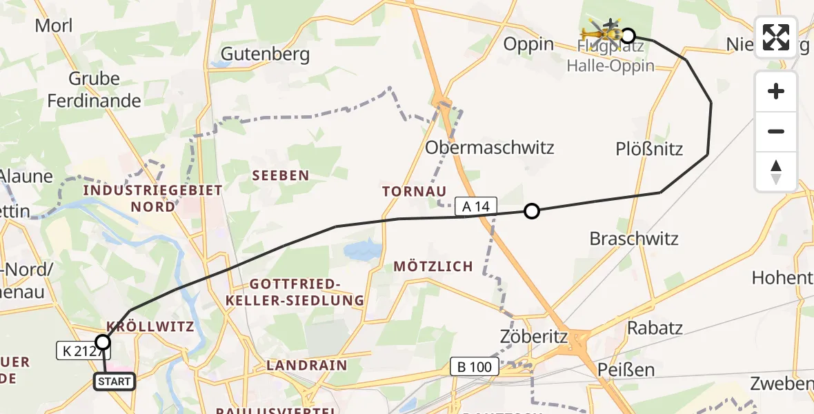 Flugroute Rettungshubschrauber Halle (Saale) University Hospital - Halle-Oppin Flugplatz, 12 Mai 2026, 14:13