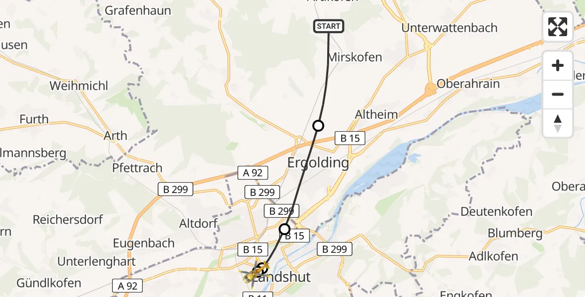 Flugroute Rettungshubschrauber Essenbach - Landshut Hospital, 12 Mai 2026, 14:18