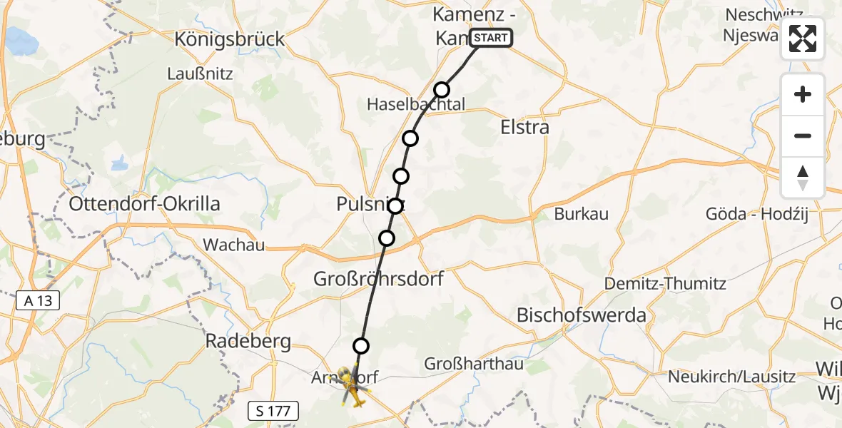 Flugroute Rettungshubschrauber Kamenz - Arnsdorf, 12 Mai 2026, 14:19