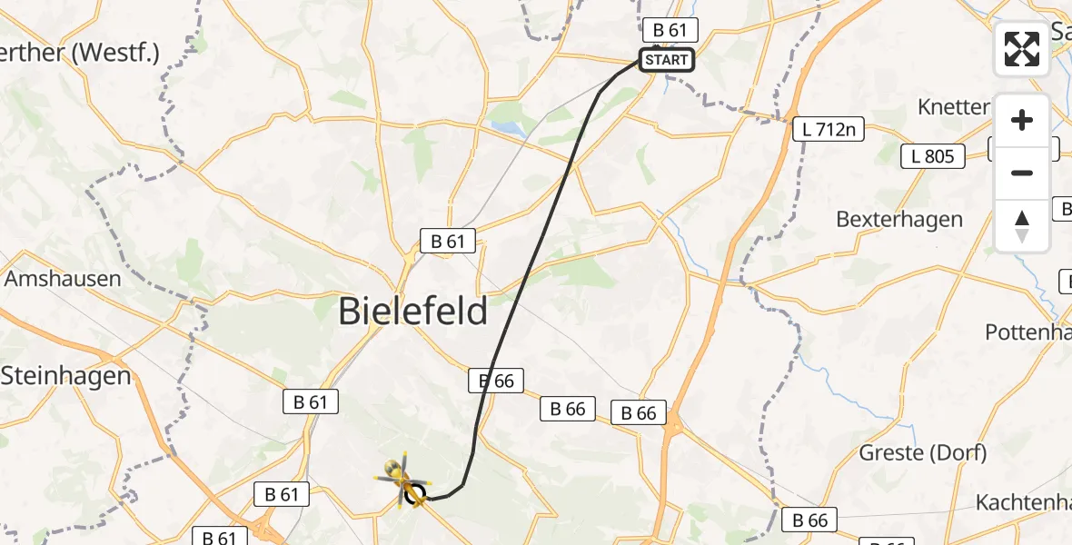 Flugroute Rettungshubschrauber Bielefeld - Luftrettungszentrum Bielefeld, 12 Mai 2026, 14:20
