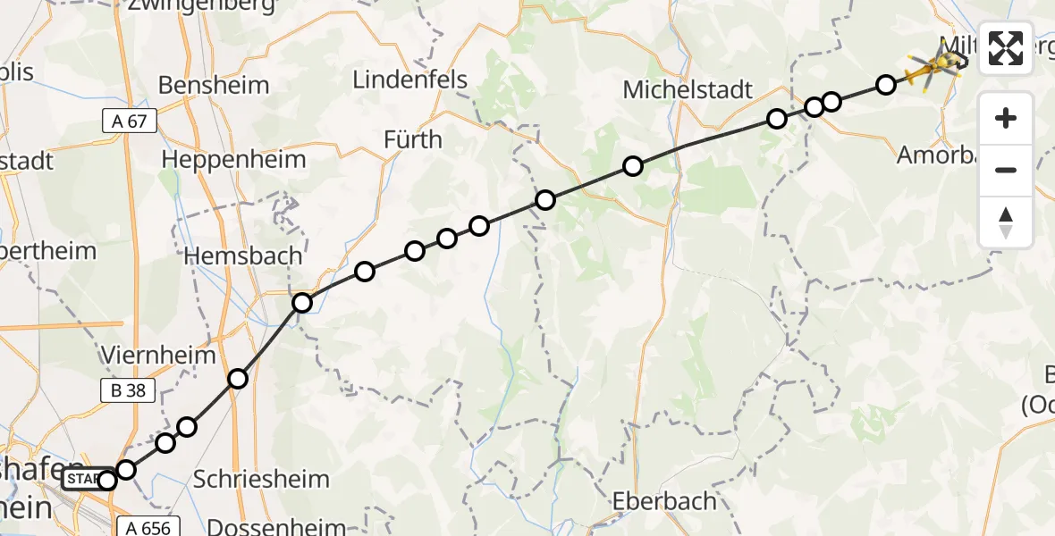 Flugroute Rettungshubschrauber Mannheim-City Flughafen - Miltenberg, 12 Mai 2026, 14:26