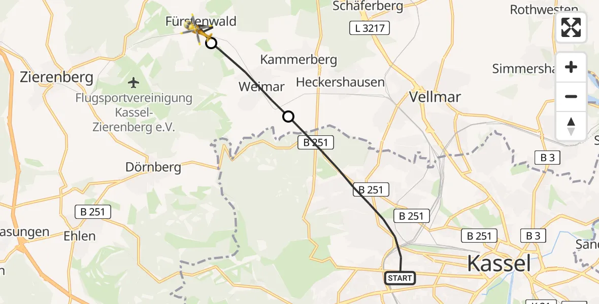 Flugroute Rettungshubschrauber Kassel - Calden, 12 Mai 2026, 14:28
