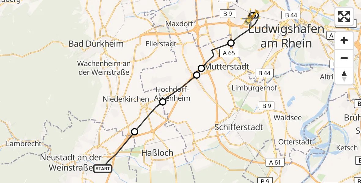 Flugroute Rettungshubschrauber Neustadt an der Weinstraße - Ludwigshafen Accident Hospital, 12 Mai 2026, 14:29