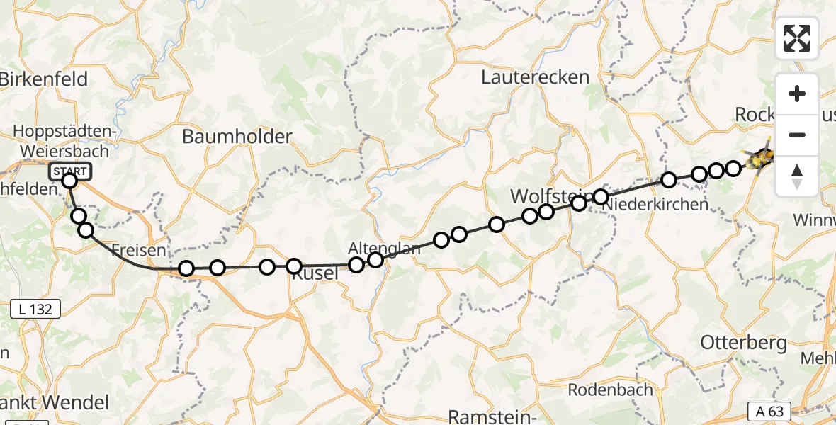 Flugroute Rettungshubschrauber Hoppstädten-Weiersbach - Imsweiler UL, 12 Mai 2026, 14:33