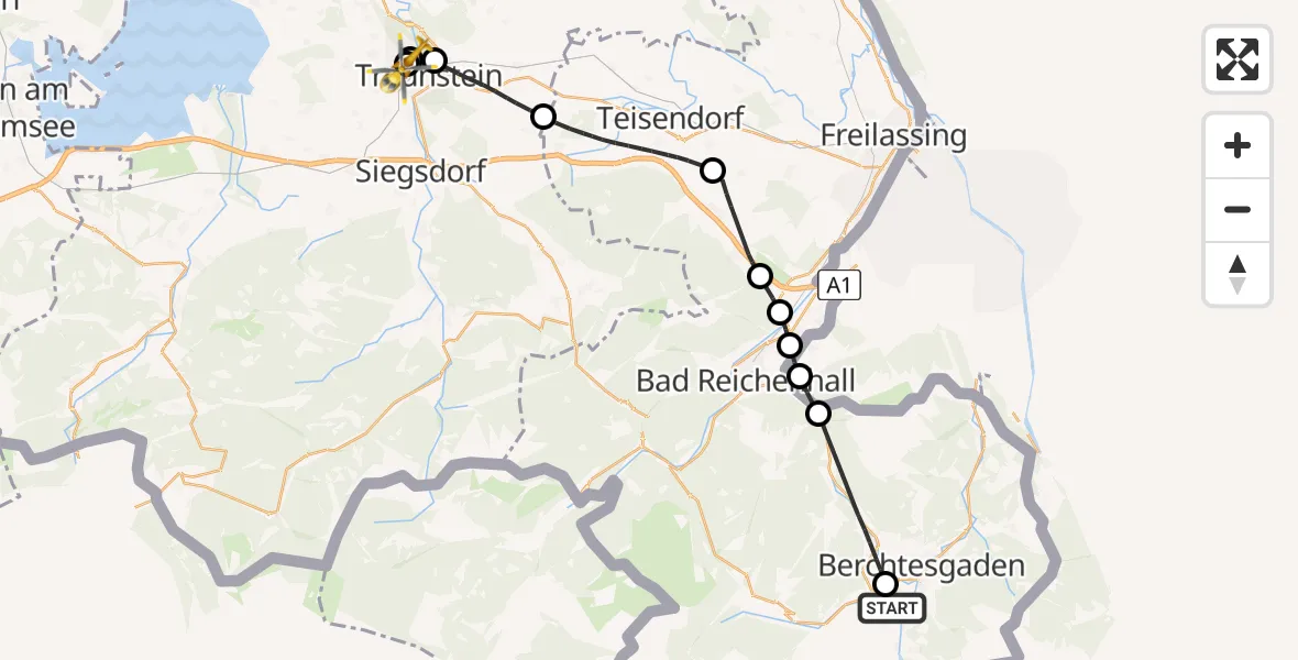 Flugroute Rettungshubschrauber Schönau a.Königssee - Traunstein Hospital, 12 Mai 2026, 14:39