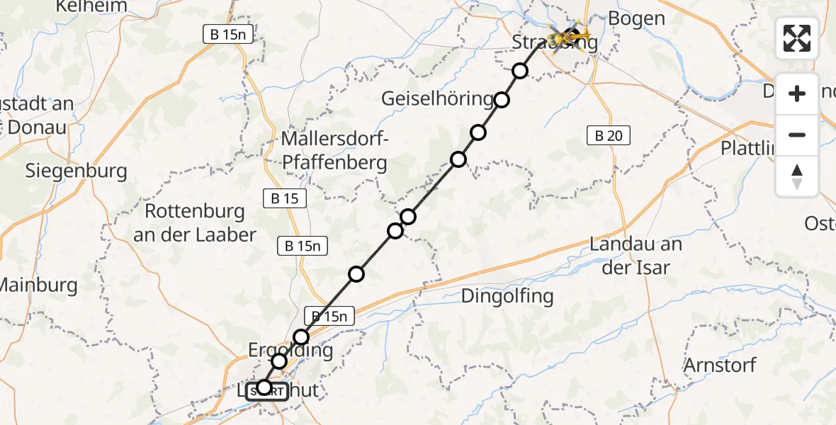 Flugroute Rettungshubschrauber Landshut Hospital - Sankt Elisabeth Hospital Straubing, 12 Mai 2026, 14:45