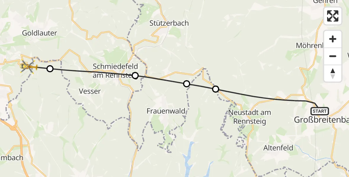 Flugroute Rettungshubschrauber Großbreitenbach - Suhl, 12 Mai 2026, 14:45