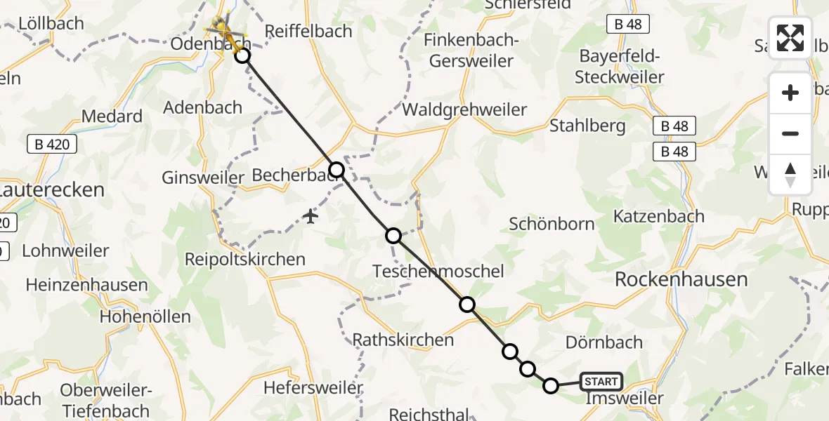 Flugroute Rettungshubschrauber Imsweiler UL - Odenbach, 12 Mai 2026, 14:47