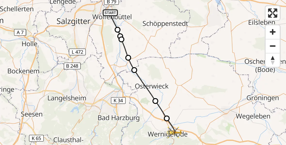 Flugroute Rettungshubschrauber Wolfenbüttel - Wernigerode, 12 Mai 2026, 14:47