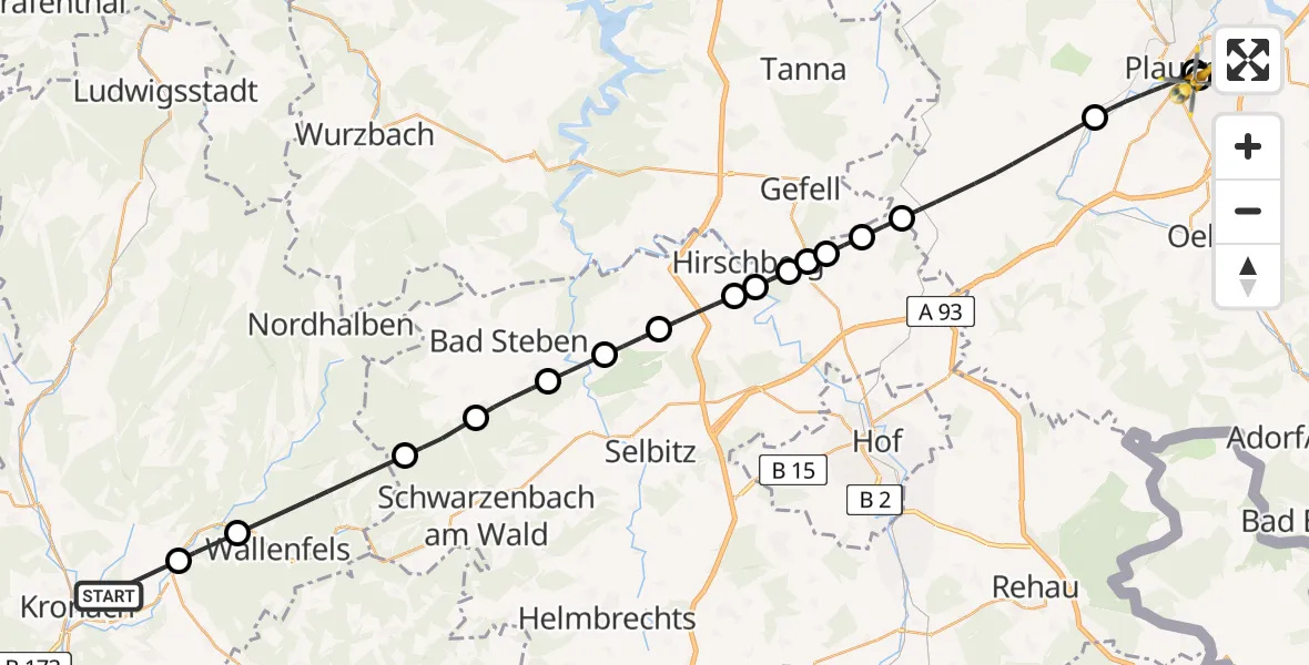 Flugroute Ambulanzhubschrauber Kronach - Helios Clinic Plauen, 12 Mai 2026, 14:55