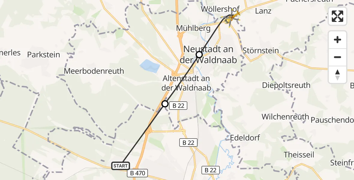 Flugroute Rettungshubschrauber Weiden i.d.OPf. - Neustadt a.d.Waldnaab, 12 Mai 2026, 14:58