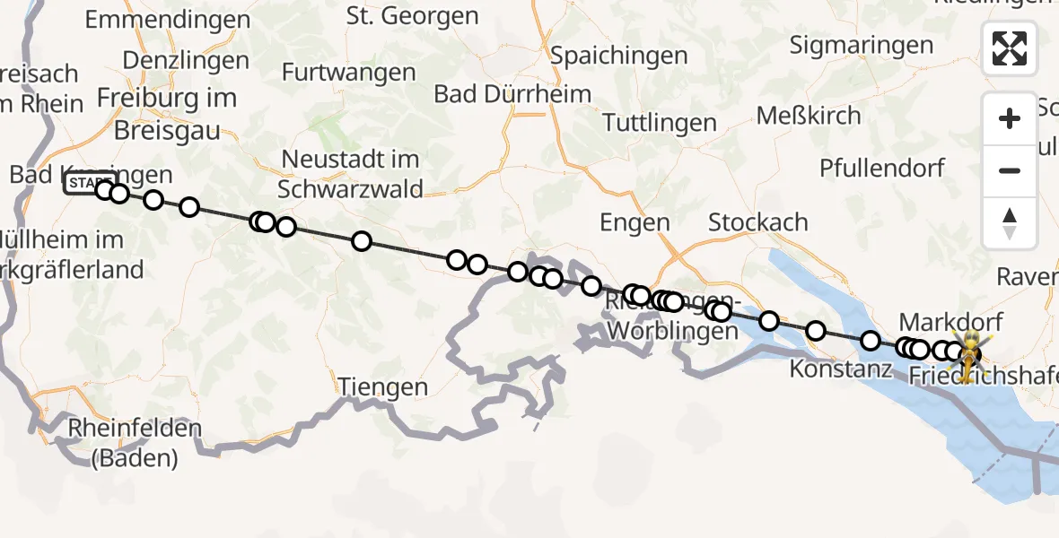 Flugroute Rettungshubschrauber Bad Krozingen - Friedrichshafen Hospital, 12 Mai 2026, 15:00