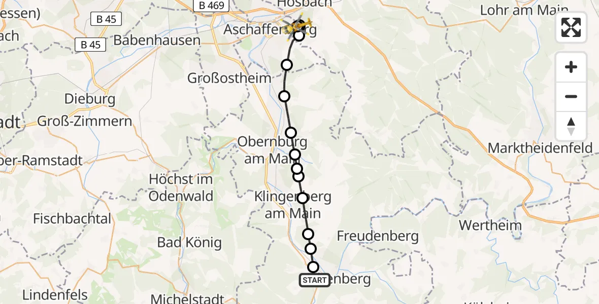 Flugroute Rettungshubschrauber Miltenberg - Aschaffenburg Hospital, 12 Mai 2026, 15:13