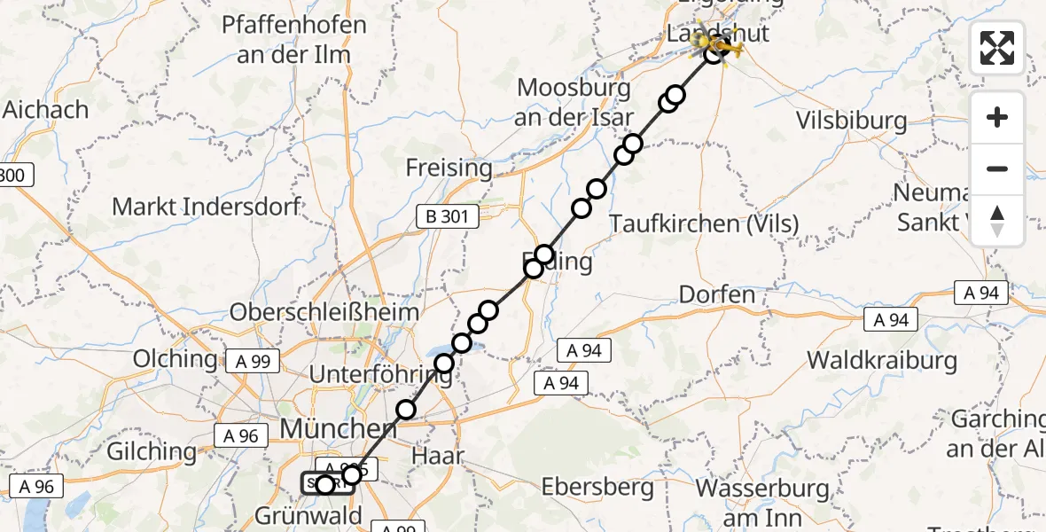 Flugroute Rettungshubschrauber ADAC Air Rescue Center Hubschrauberlandeplatz (Christoph 1) - Lakumed Hospital Landshut-Achdorf, 12 Mai 2026, 15:14