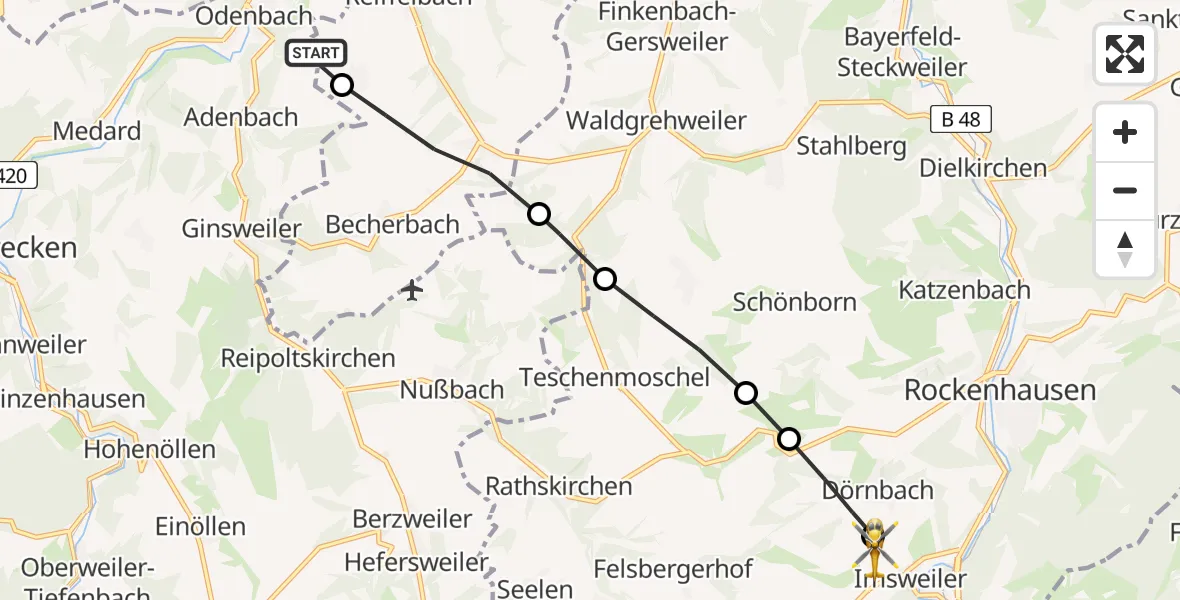 Flugroute Rettungshubschrauber Odenbach - Imsweiler UL, 12 Mai 2026, 15:20