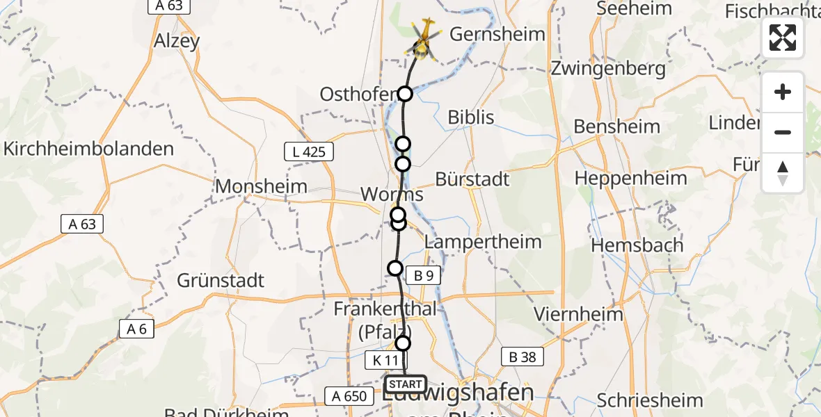 Flugroute Rettungshubschrauber Ludwigshafen am Rhein - Eich, 12 Mai 2026, 15:24