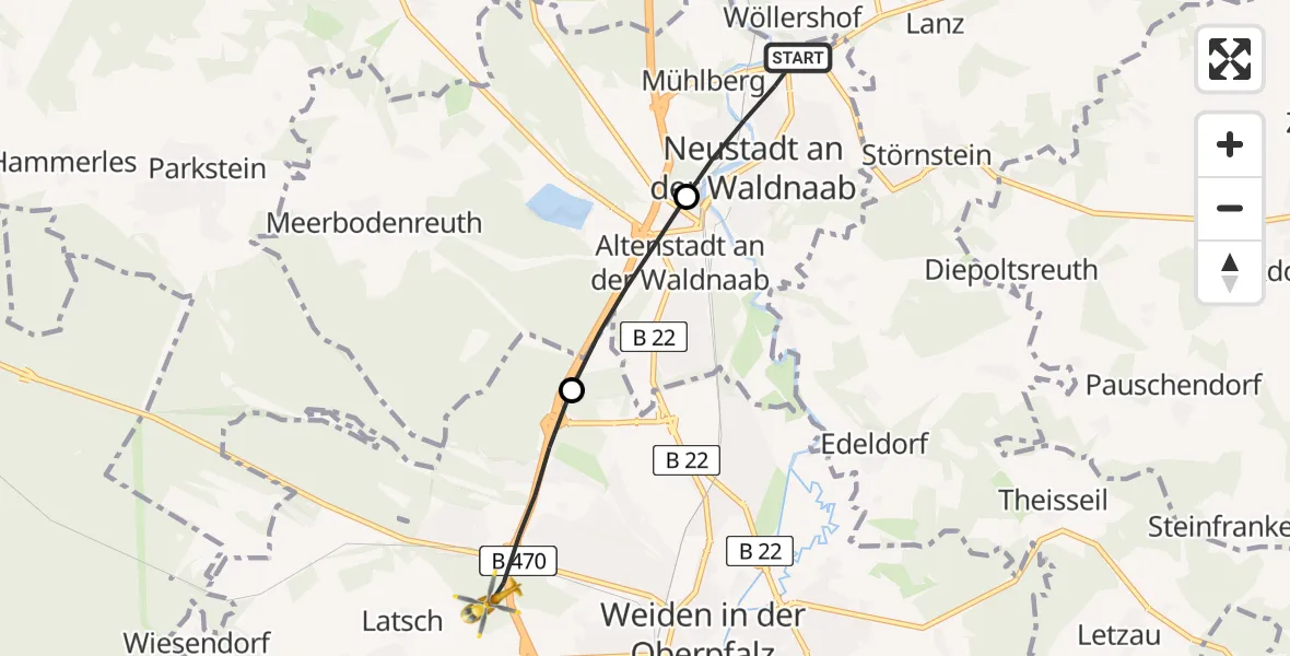 Flugroute Rettungshubschrauber Neustadt a.d.Waldnaab - Weiden i.d.OPf., 12 Mai 2026, 15:36