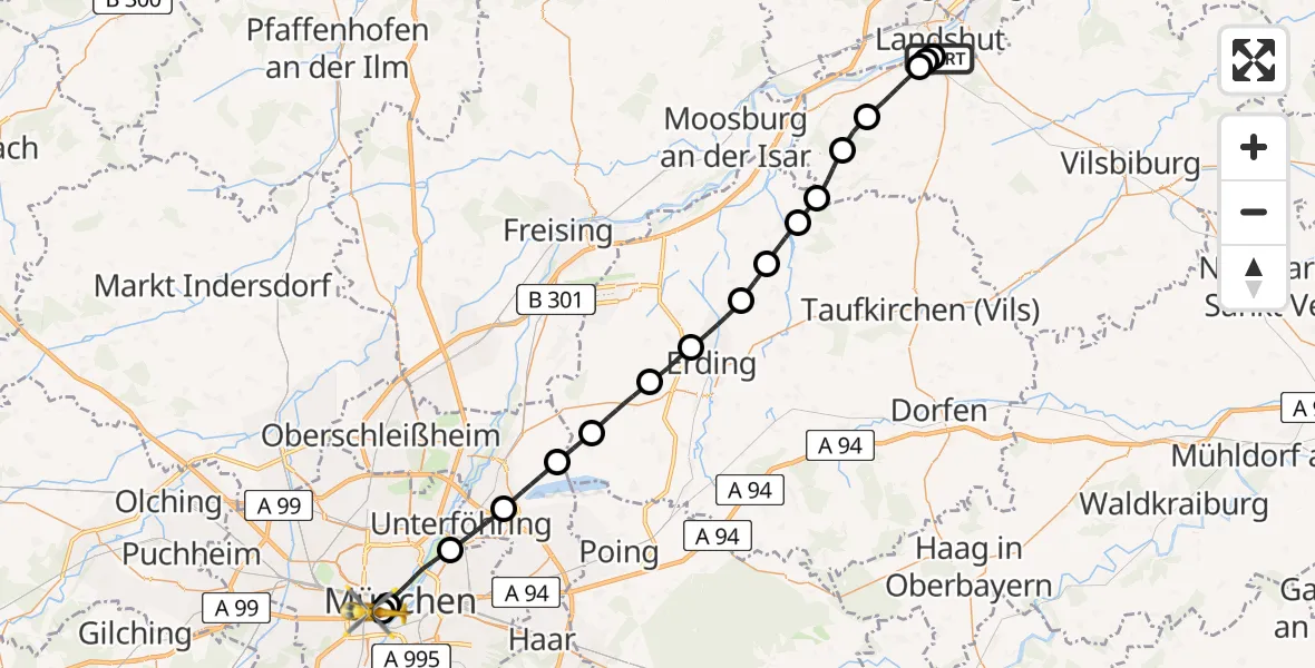 Flugroute Rettungshubschrauber Lakumed Hospital Landshut-Achdorf - München, 12 Mai 2026, 15:44