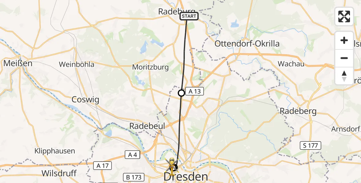 Flugroute Rettungshubschrauber Radeburg - Dresden Friedrichstadt Hospital, 12 Mai 2026, 15:46