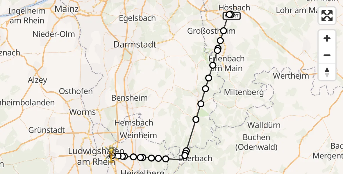 Flugroute Rettungshubschrauber Aschaffenburg Hospital - Mannheim-City Flughafen, 12 Mai 2026, 15:50