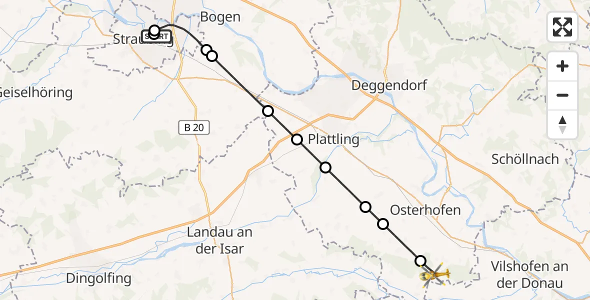 Flugroute Rettungshubschrauber Sankt Elisabeth Hospital Straubing - Künzing, 12 Mai 2026, 15:54