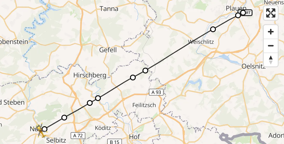 Flugroute Ambulanzhubschrauber Helios Clinic Plauen - Naila, 12 Mai 2026, 16:04