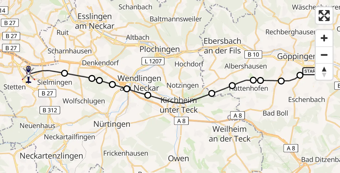 Flugroute Polizeihubschrauber Göppingen - Flughafen Stuttgart, 12 Mai 2026, 16:05