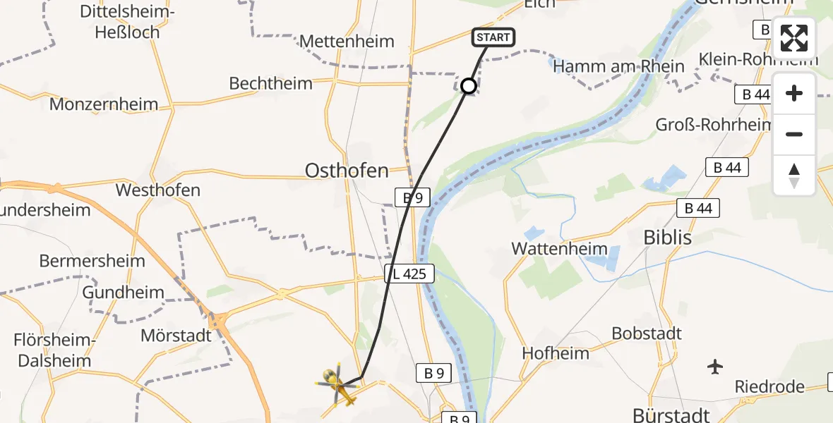 Flugroute Rettungshubschrauber Eich - Worms, 12 Mai 2026, 16:07