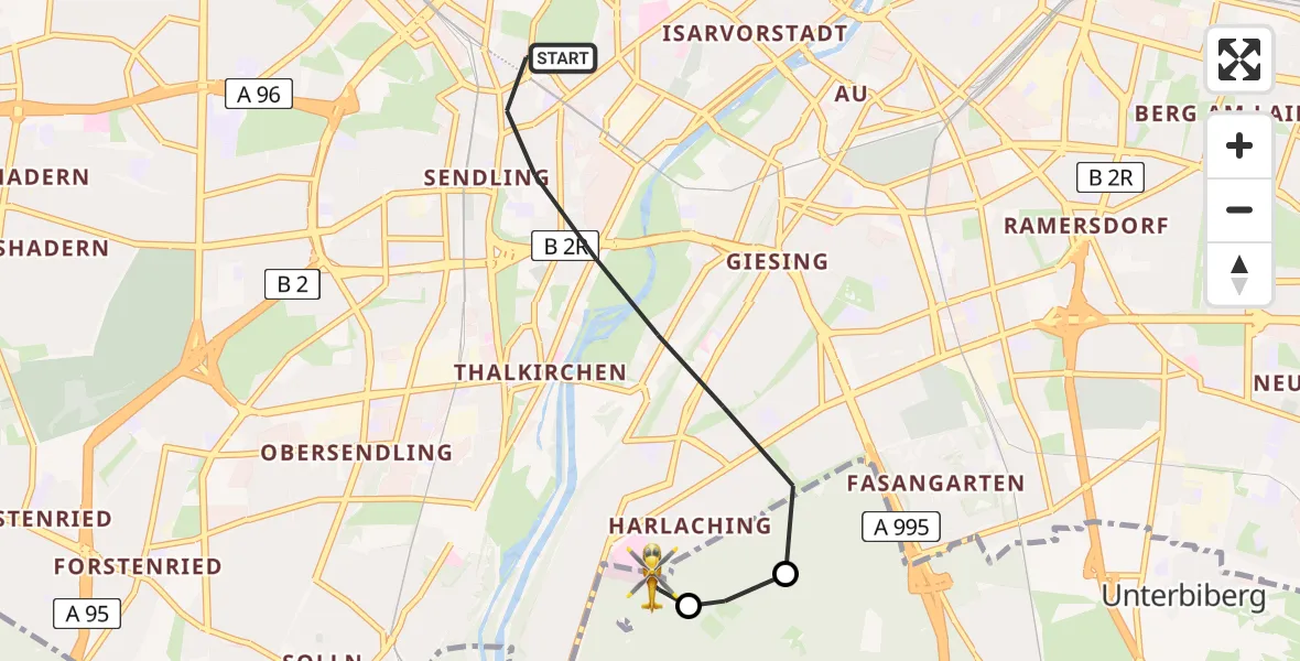 Flugroute Rettungshubschrauber München - ADAC Air Rescue Center Hubschrauberlandeplatz (Christoph 1), 12 Mai 2026, 16:12
