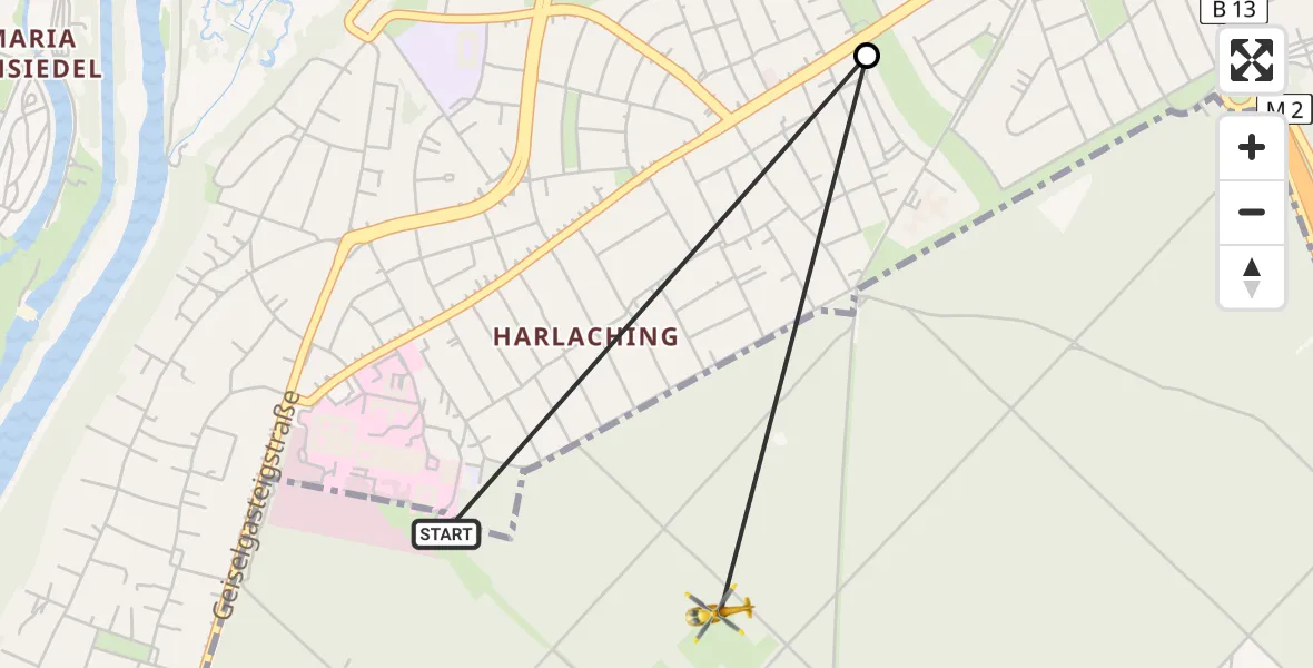 Flugroute Rettungshubschrauber ADAC Air Rescue Center Hubschrauberlandeplatz (Christoph 1) - Perlacher Forst, 12 Mai 2026, 16:16