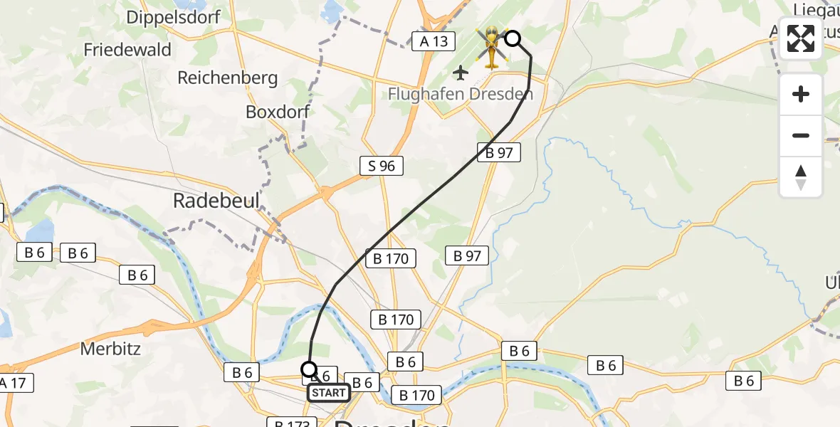 Flugroute Rettungshubschrauber Dresden Friedrichstadt Hospital - Dresden Bundespolizei Hubschrauberlandeplatz, 12 Mai 2026, 16:18