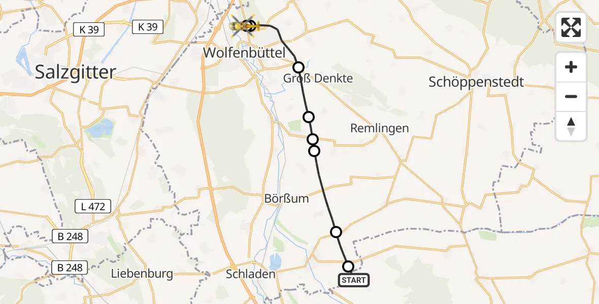 Flugroute Rettungshubschrauber Osterwieck - Wolfenbüttel Municipal Hospital Heliport (Christoph 30), 12 Mai 2026, 16:43