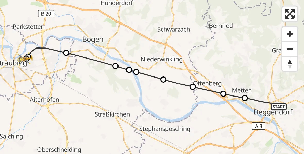 Flugroute Rettungshubschrauber Deggendorf - Sankt Elisabeth Hospital Straubing, 12 Mai 2026, 16:47