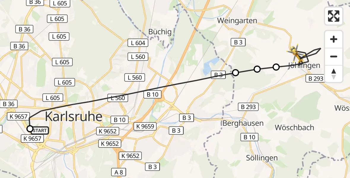 Flugroute Rettungshubschrauber Sankt Vincentius Hospital - Walzbachtal, 12 Mai 2026, 16:51