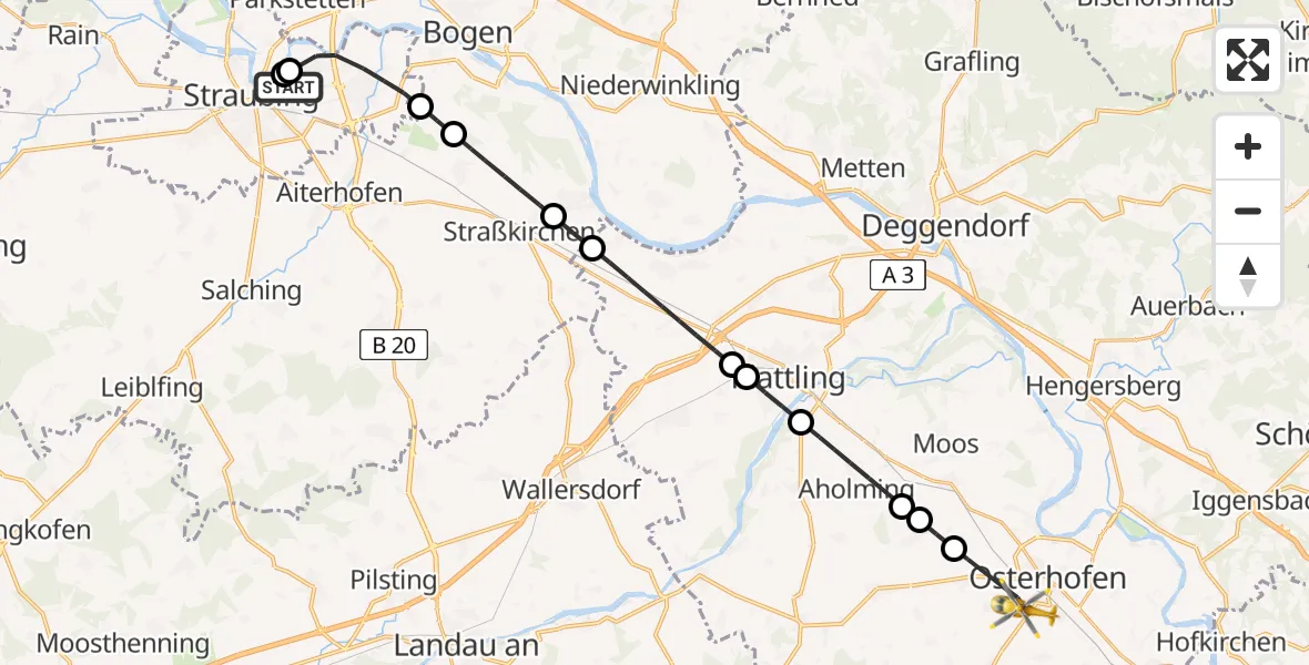 Flugroute Rettungshubschrauber Sankt Elisabeth Hospital Straubing - Osterhofen, 12 Mai 2026, 17:11