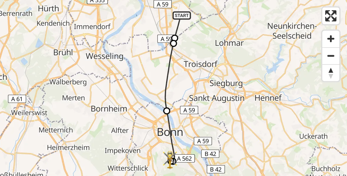 Flugroute Rettungshubschrauber Köln Bonn Flughafen - Bonn University Hospital, 12 Mai 2026, 17:22