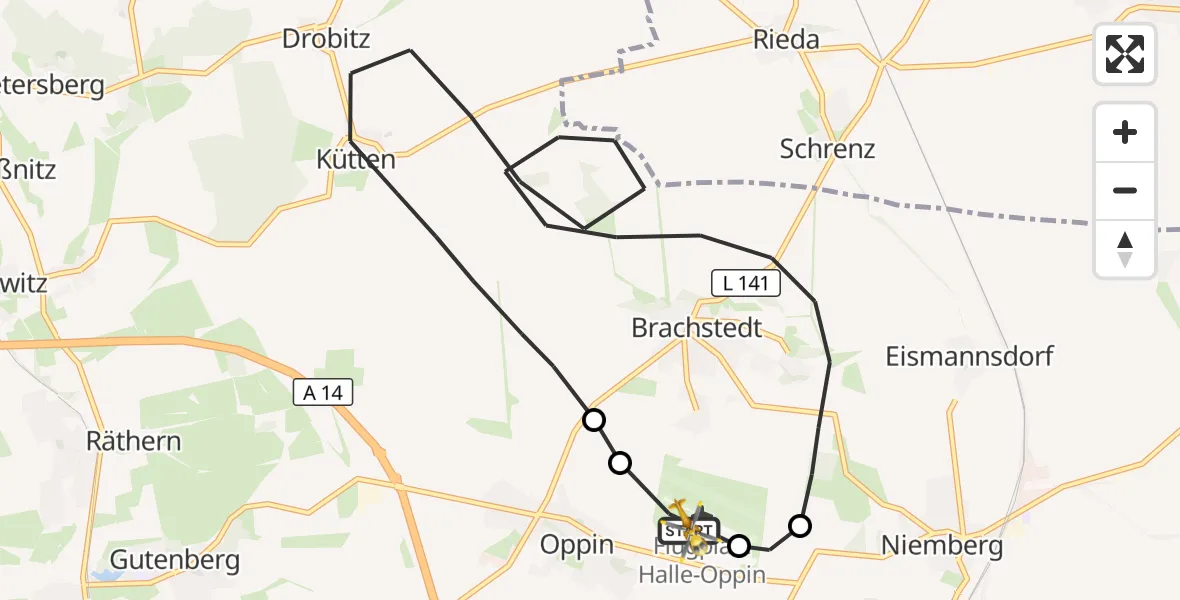 Flugroute Ambulanzhubschrauber Halle-Oppin Flugplatz - Halle-Oppin Flugplatz, 12 Mai 2026, 17:23