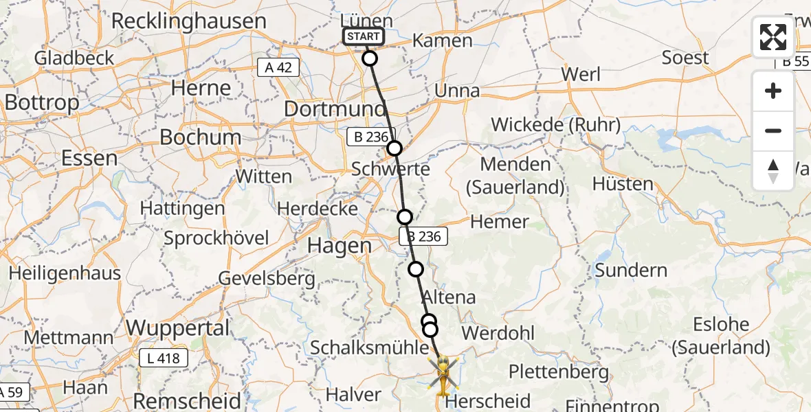 Flugroute Rettungshubschrauber Lünen - Lüdenscheid, 12 Mai 2026, 17:24