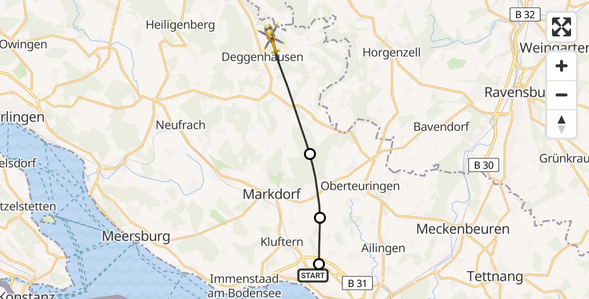 Flugroute Rettungshubschrauber Friedrichshafen Hospital - Deggenhausertal, 12 Mai 2026, 17:25