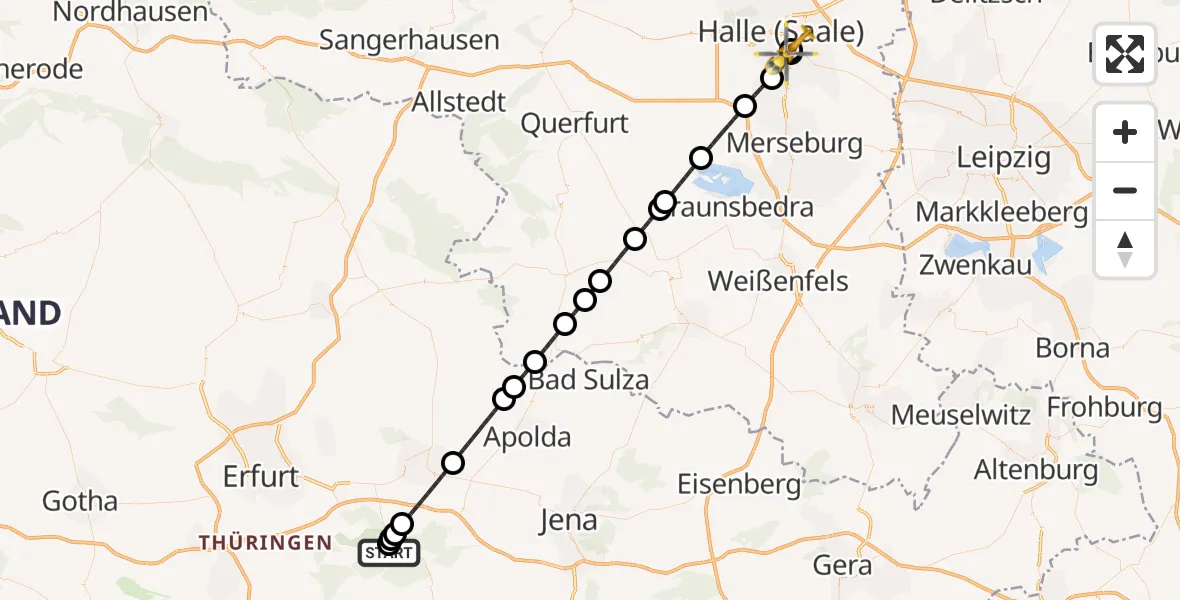 Flugroute Ambulanzhubschrauber Bad Berka Central Hospital - BG Hospital Bergmannstrost Halle, 12 Mai 2026, 17:28
