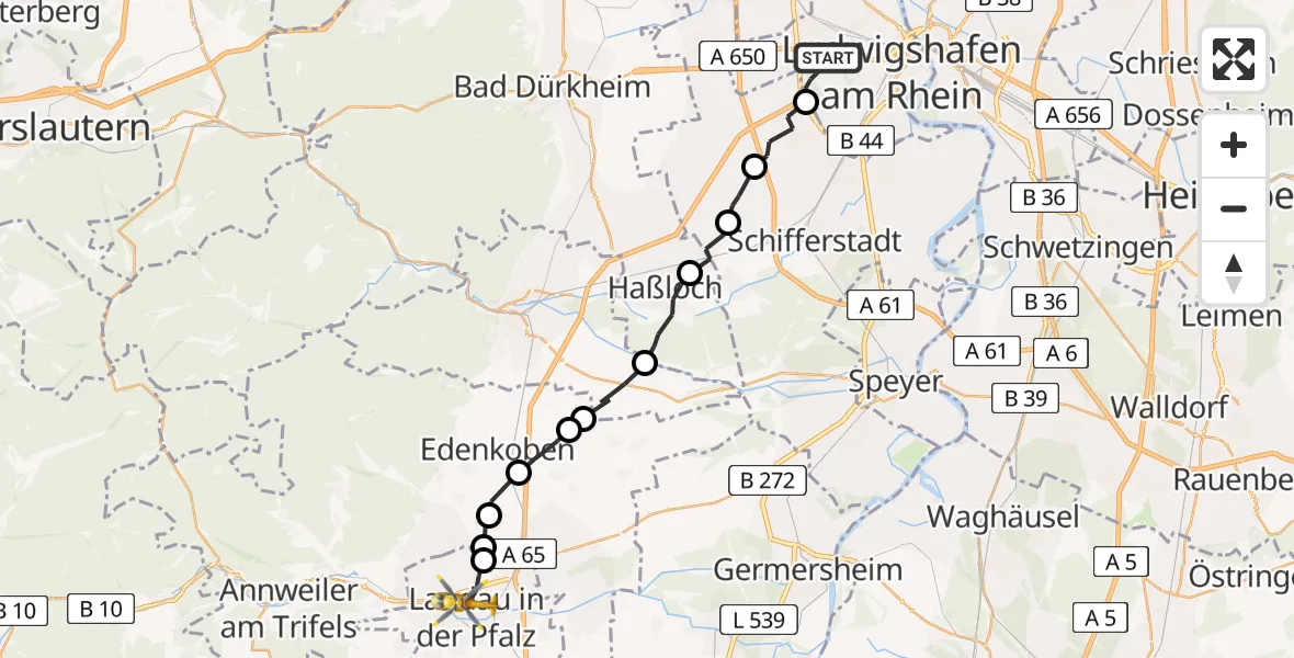 Flugroute Rettungshubschrauber Ludwigshafen am Rhein - Landau in der Pfalz, 12 Mai 2026, 17:31