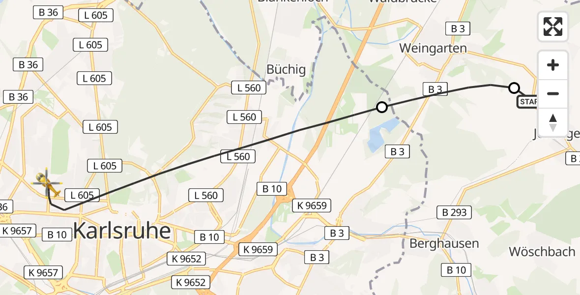 Flugroute Rettungshubschrauber Walzbachtal - Karlsruhe, 12 Mai 2026, 17:50