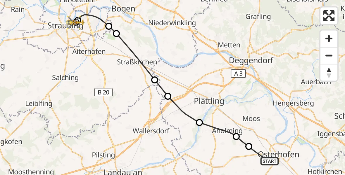 Flugroute Rettungshubschrauber Osterhofen - Sankt Elisabeth Hospital Straubing, 12 Mai 2026, 17:54