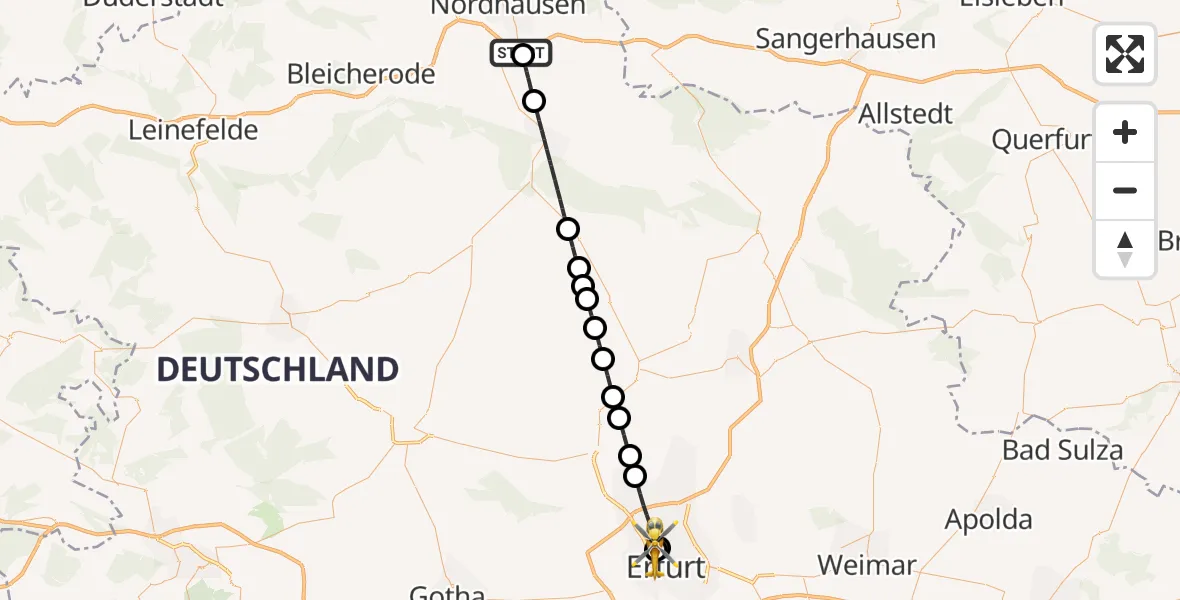 Flugroute Rettungshubschrauber Nordhausen - Helios Clinic Erfurt, 12 Mai 2026, 17:58