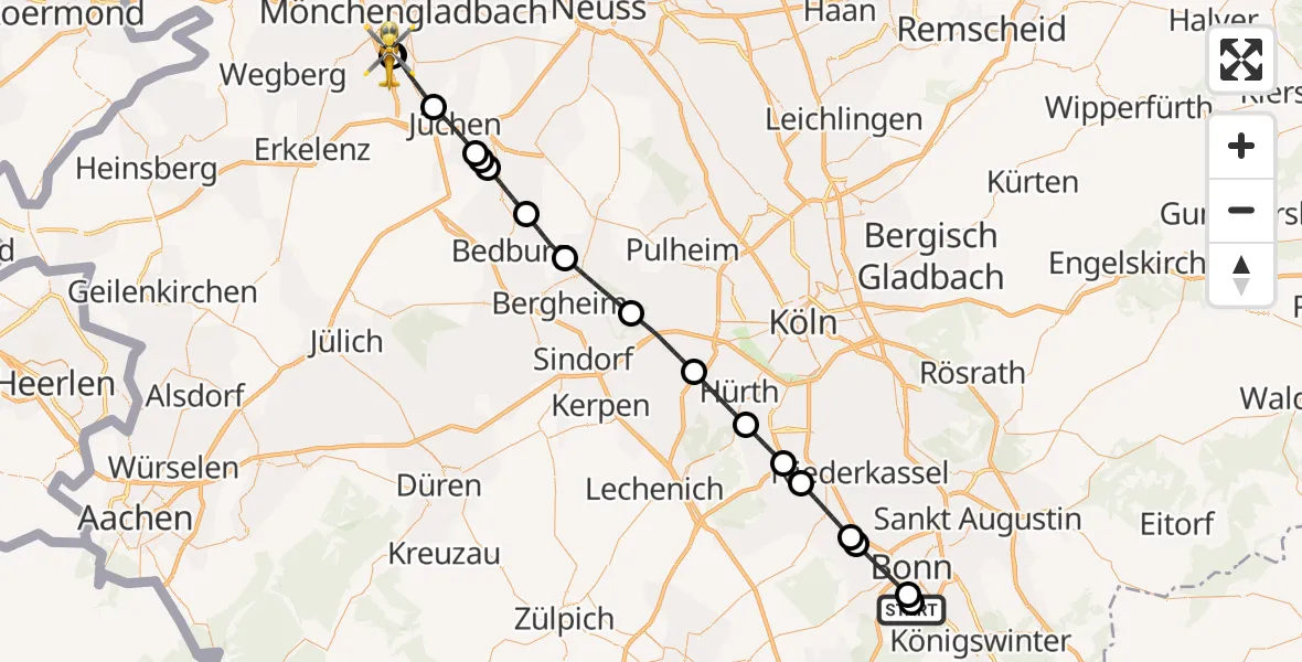 Flugroute Rettungshubschrauber Bonn University Hospital - Elisabeth Hospital Rheydt, 12 Mai 2026, 17:59