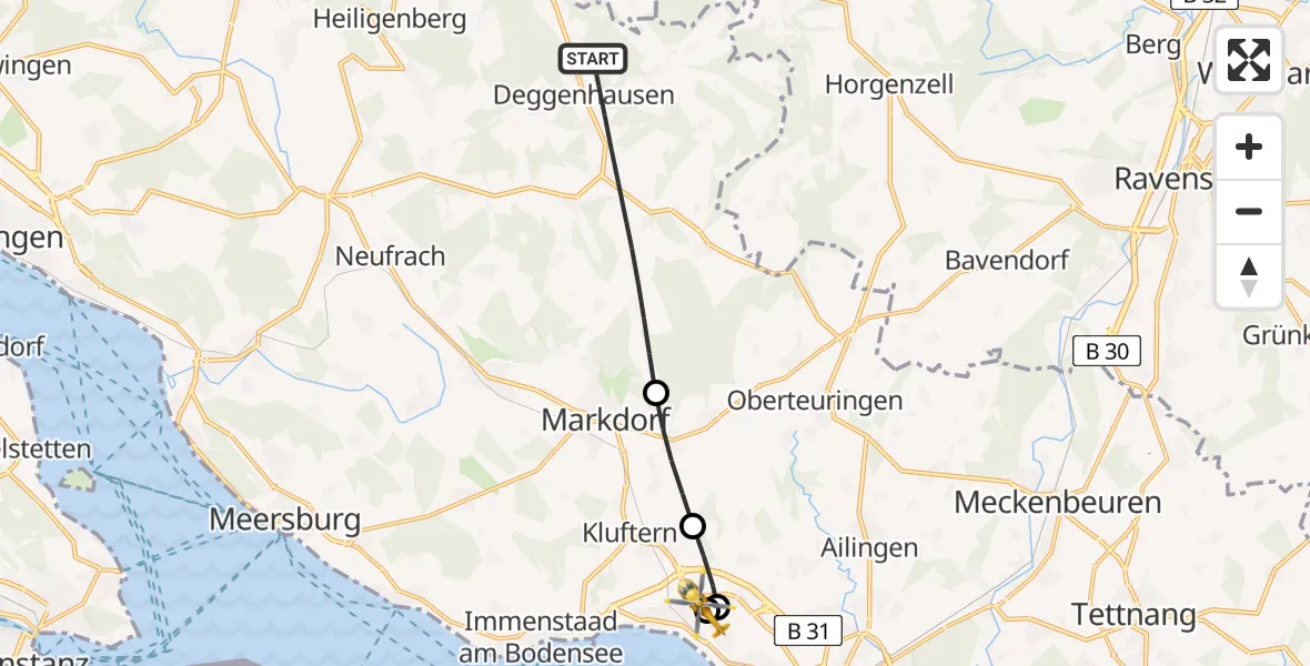 Flugroute Rettungshubschrauber Deggenhausertal - Friedrichshafen Hospital, 12 Mai 2026, 18:13