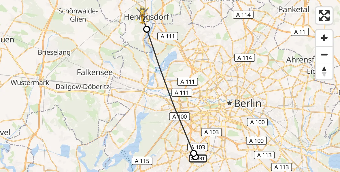 Flugroute Rettungshubschrauber Charité Clinic Benjamin Franklin Campus - Hennigsdorf, 12 Mai 2026, 18:22