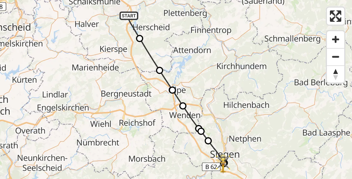 Flugroute Rettungshubschrauber Lüdenscheid - Evangelisches Jung-Stilling Hospital, 12 Mai 2026, 18:26